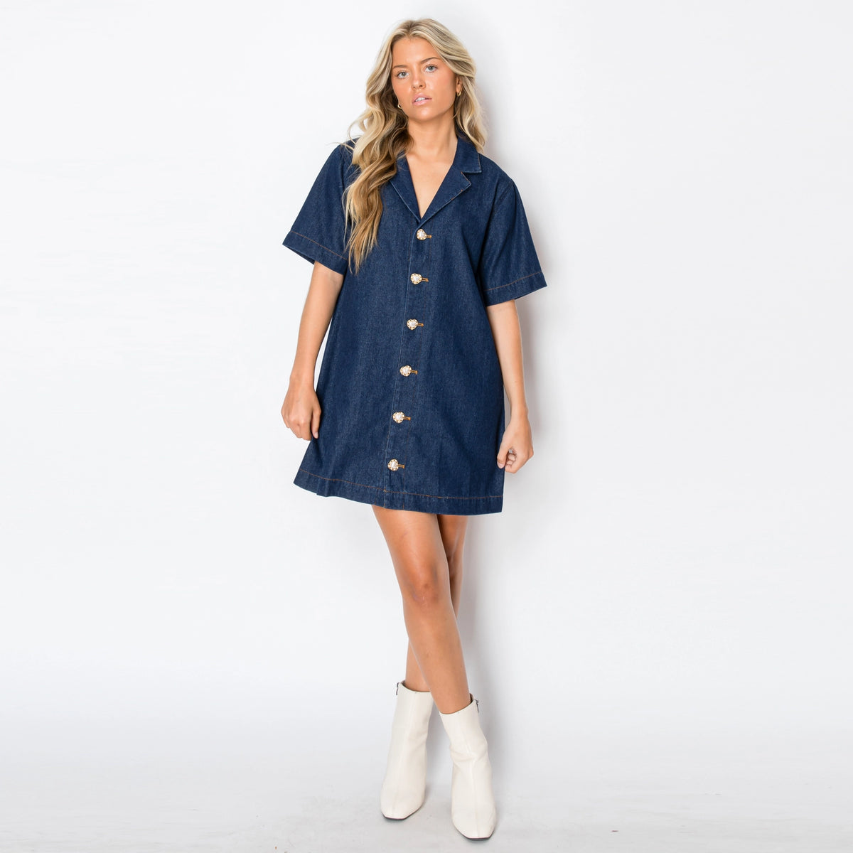 The Harper Heart Button Denim Dress