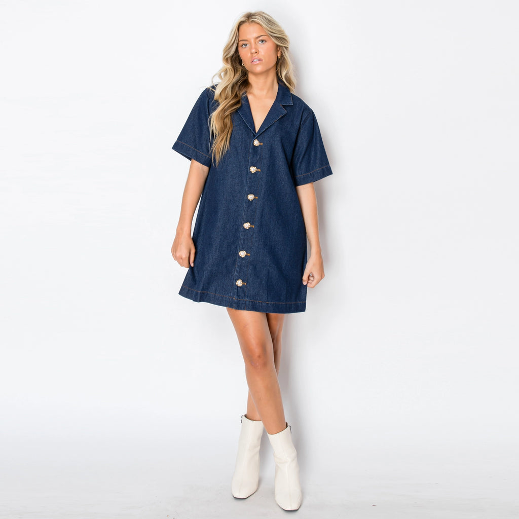 The Harper Heart Button Denim Dress Small