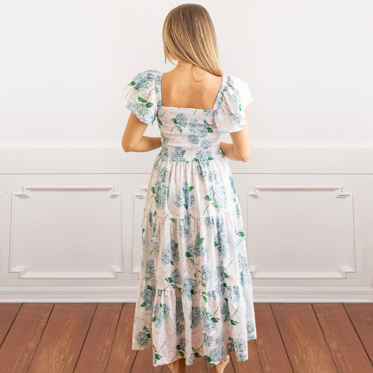 Hydrangea Ribbons Smocked Flutter Sleeve Dress