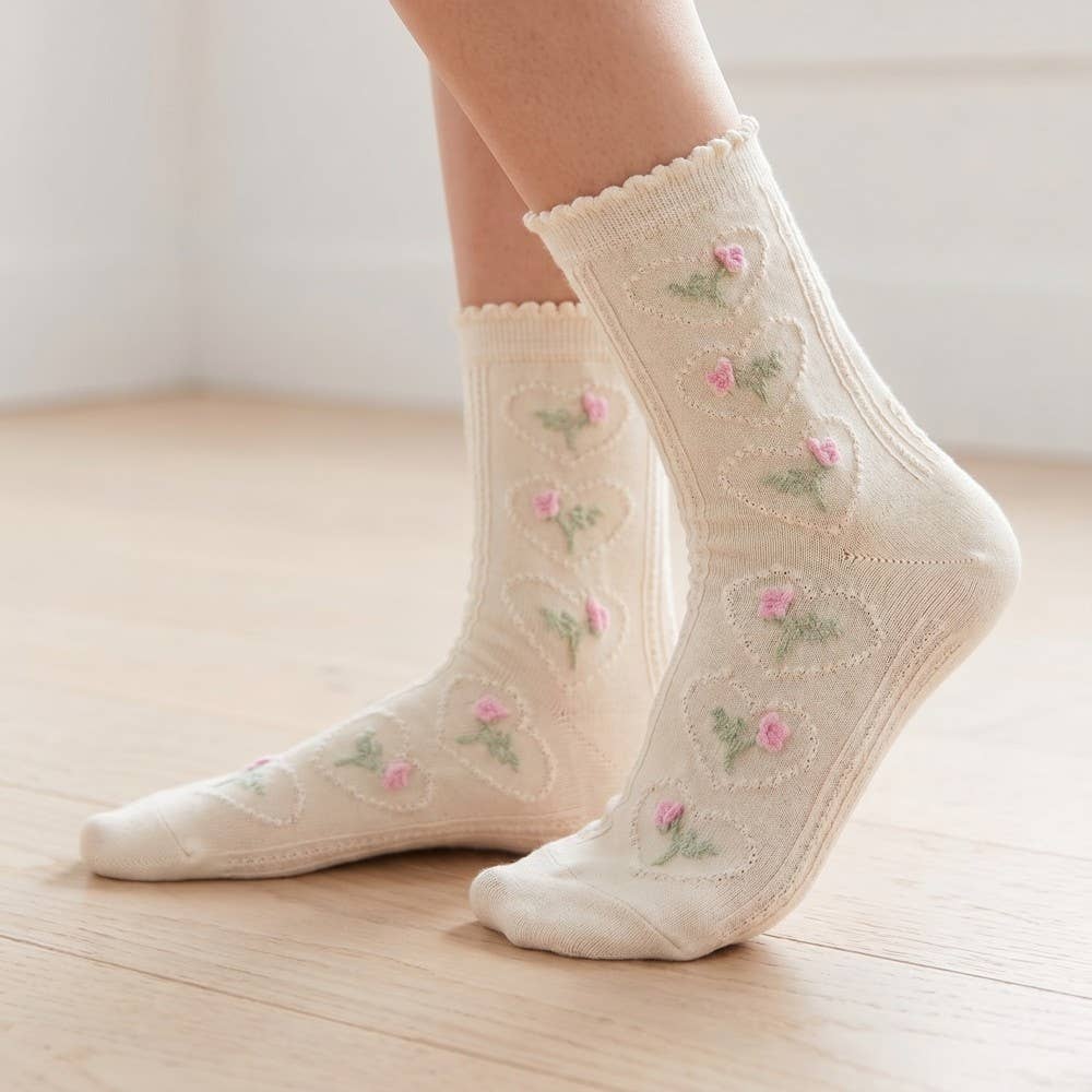 Beige Heart Halo Flower Embroidered Socks