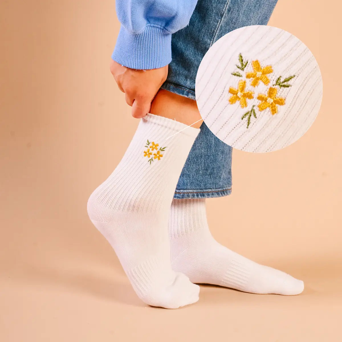 Embroidered Crew Socks–Floral Yellow - Curator and Co. 