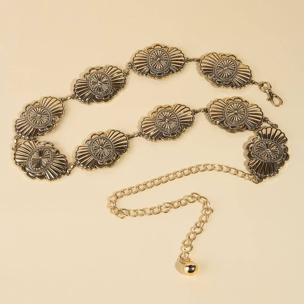 Western Style Oval Sunburst Concho Chain Belt