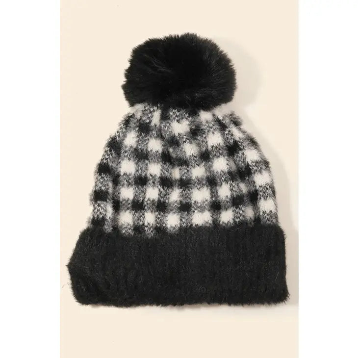 Fuzzy Pom Plaid Beanie