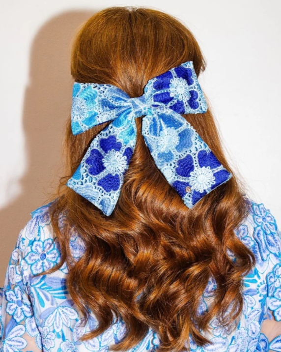 Blue Mosaic Lace Flowers Bow Barrette