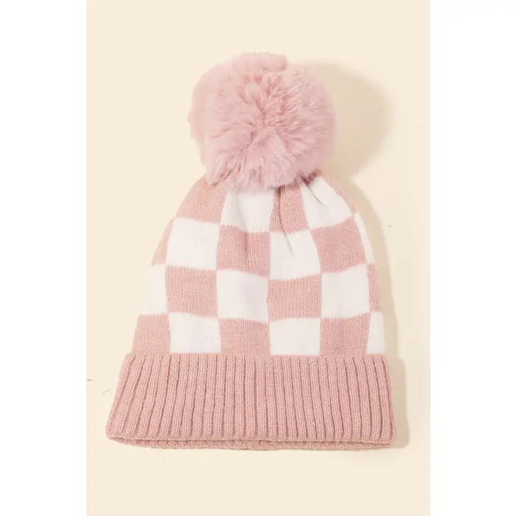 Checkered Pattern Pom Beanie