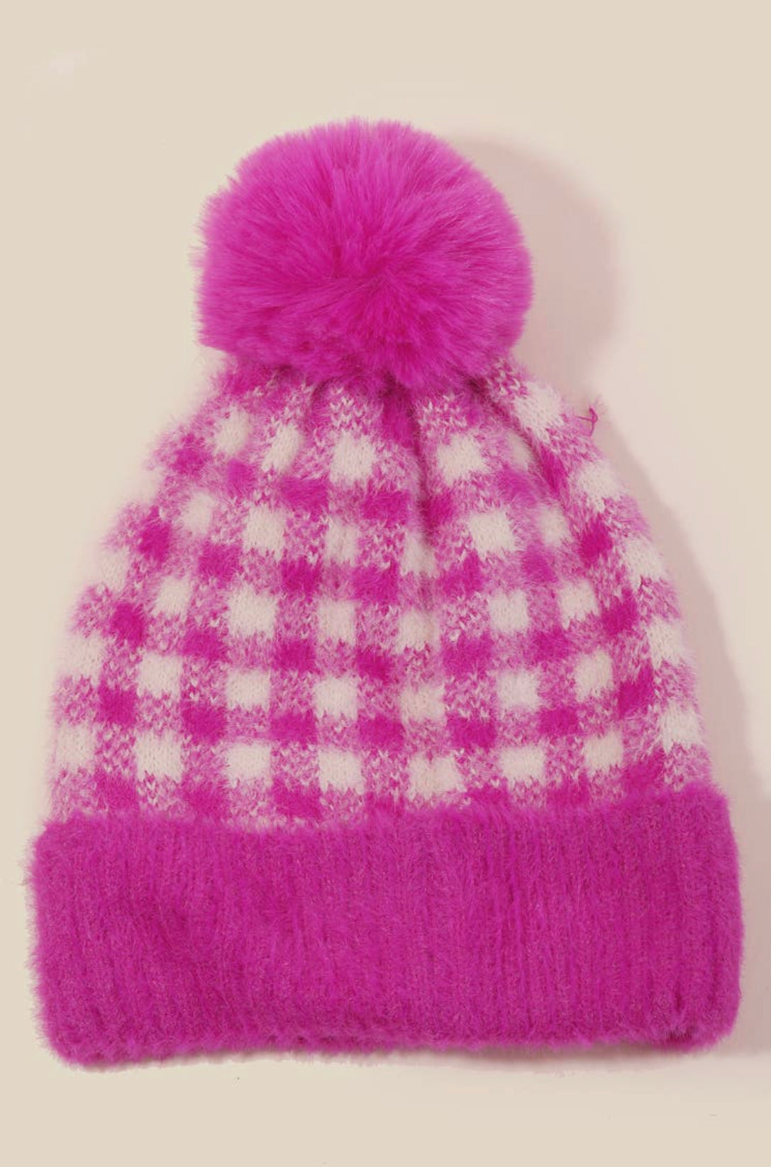 Fuzzy Pom Plaid Beanie