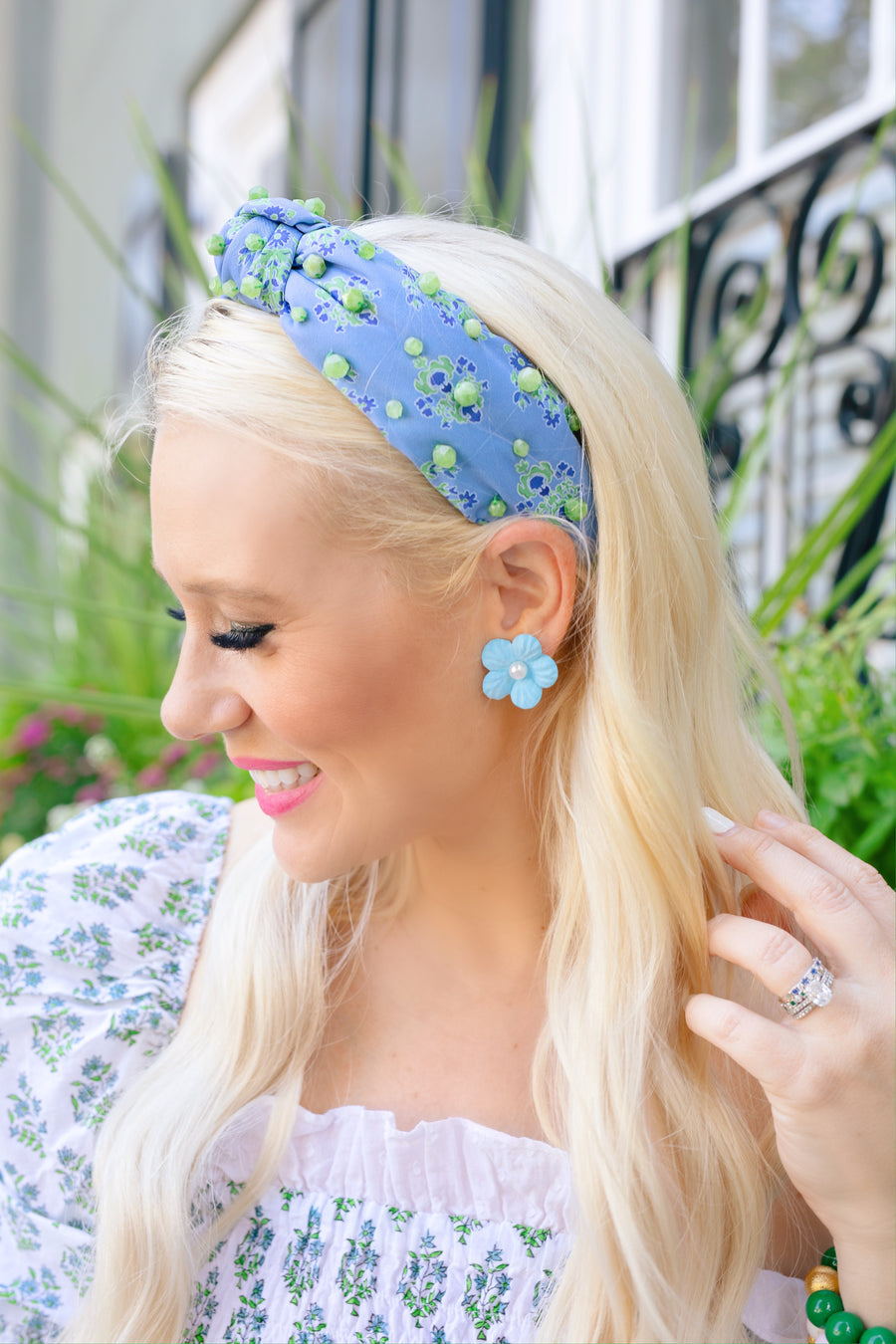 Cornflower Blue & Green Block Printed Headband