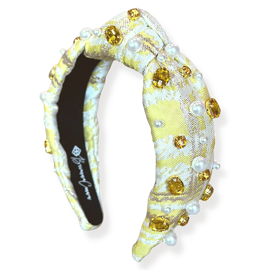 Yellow Jacquard Metallic Headband with Crystals & Pearls