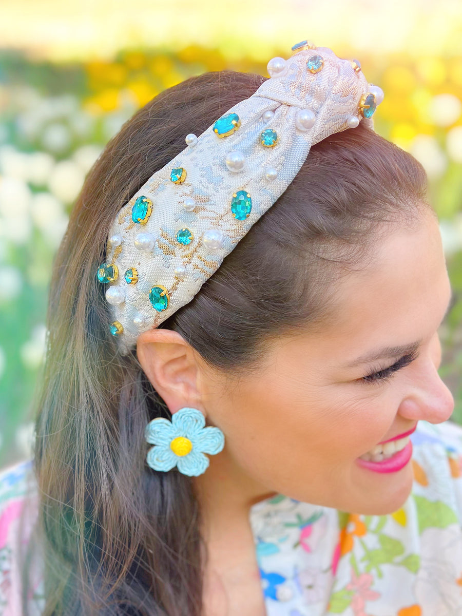 Blue Jacquard Metallic Headband Crystal & Pearl