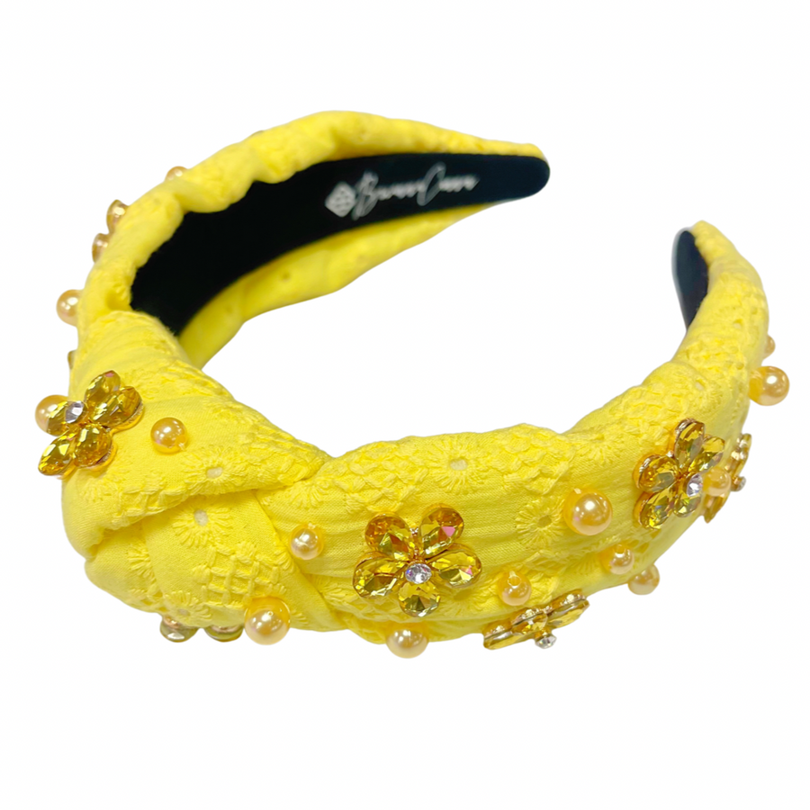 Yellow Eyelet Headband With Crystal Flowers