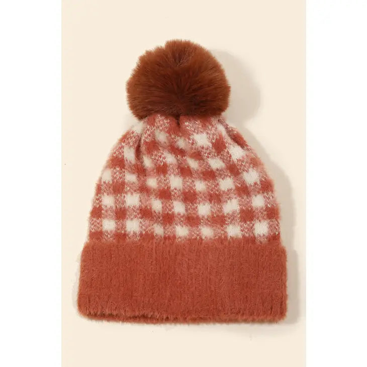 Fuzzy Pom Plaid Beanie