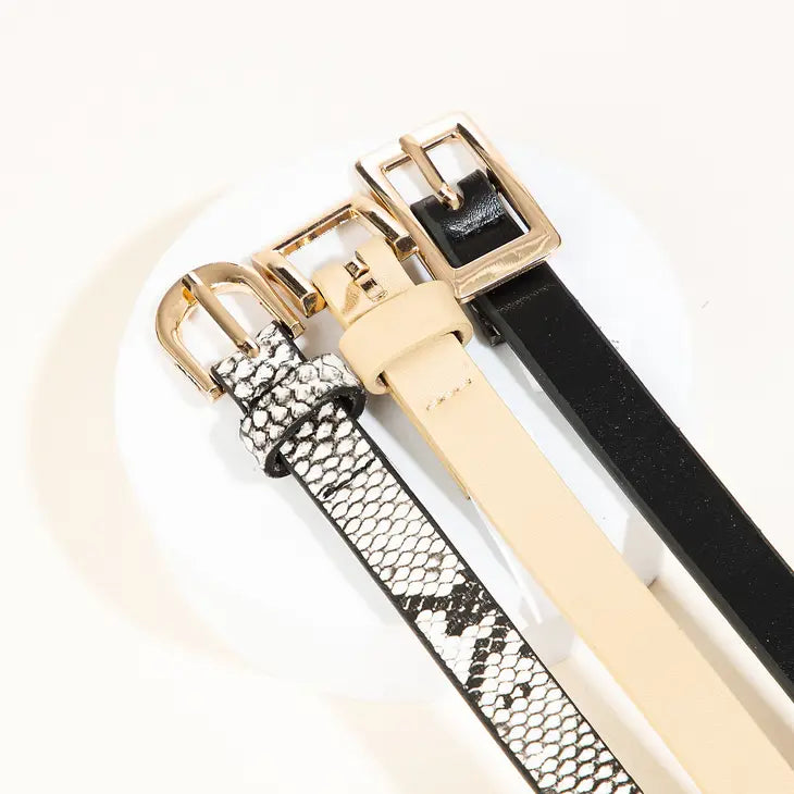 Black Faux Leather Skinny Belt Set - Curator and Co. 