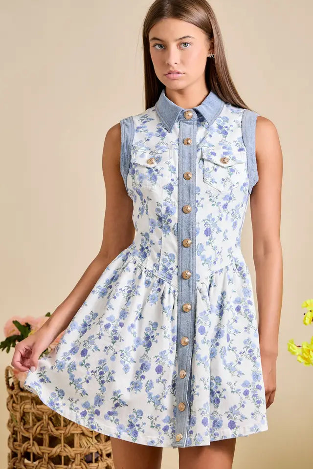 Forget-Me-Not Floral Denim Dress - Curator and Co. 