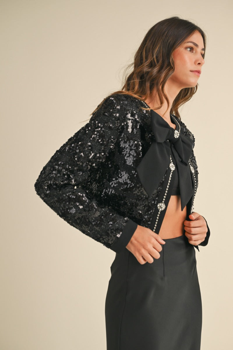 Waldorf Sequin Tweed Bow Trim Front Crop Jacket