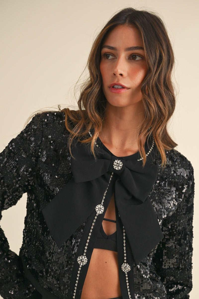 Waldorf Sequin Tweed Bow Trim Front Crop Jacket