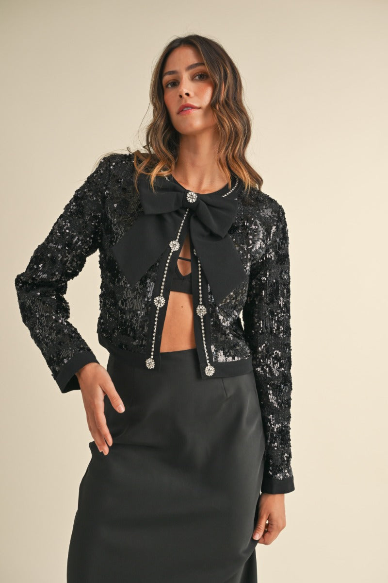 Waldorf Sequin Tweed Bow Trim Front Crop Jacket