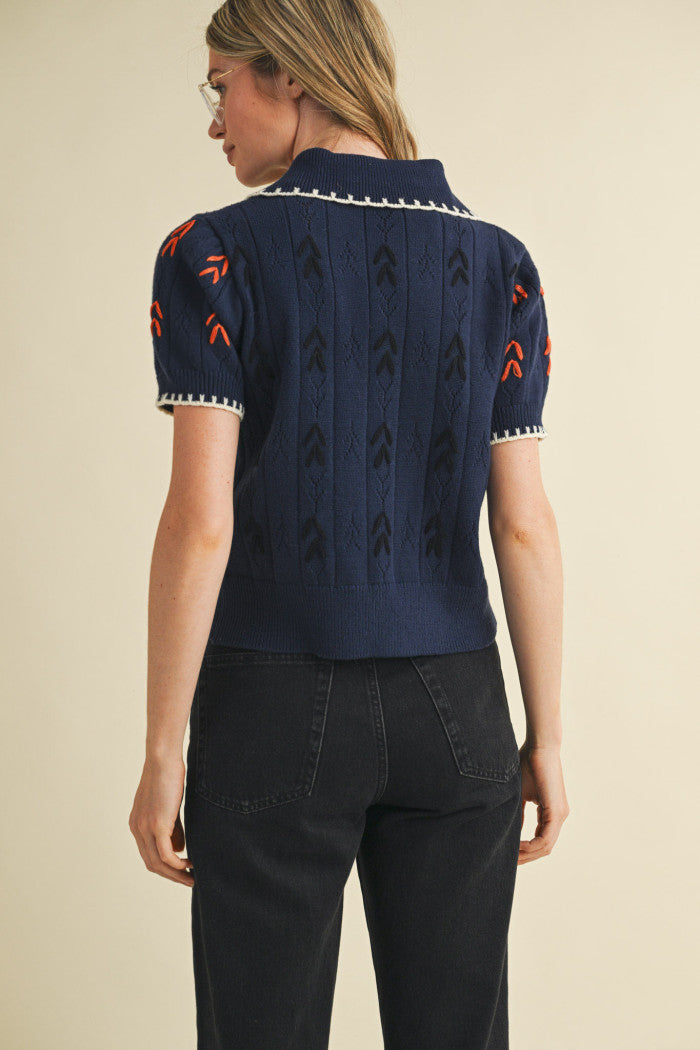 Navy Petals Knit Top