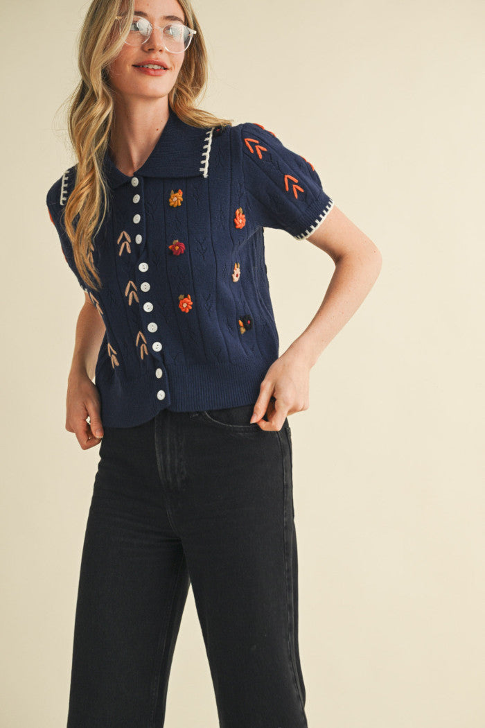 Navy Petals Knit Top