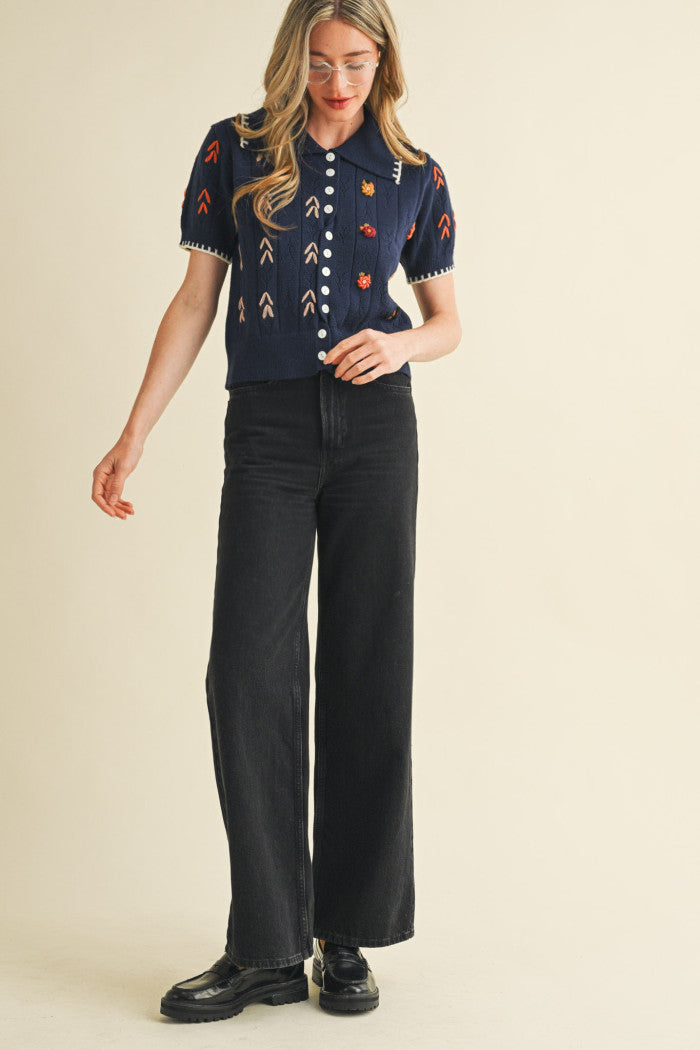 Navy Petals Knit Top