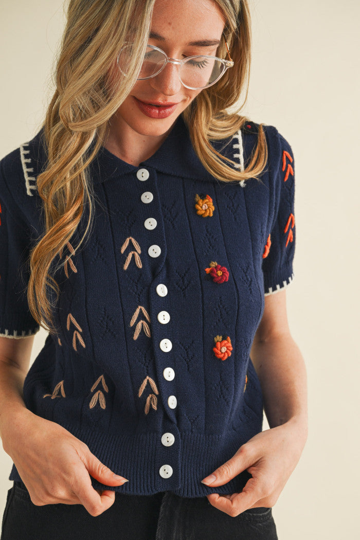 Navy Petals Knit Top